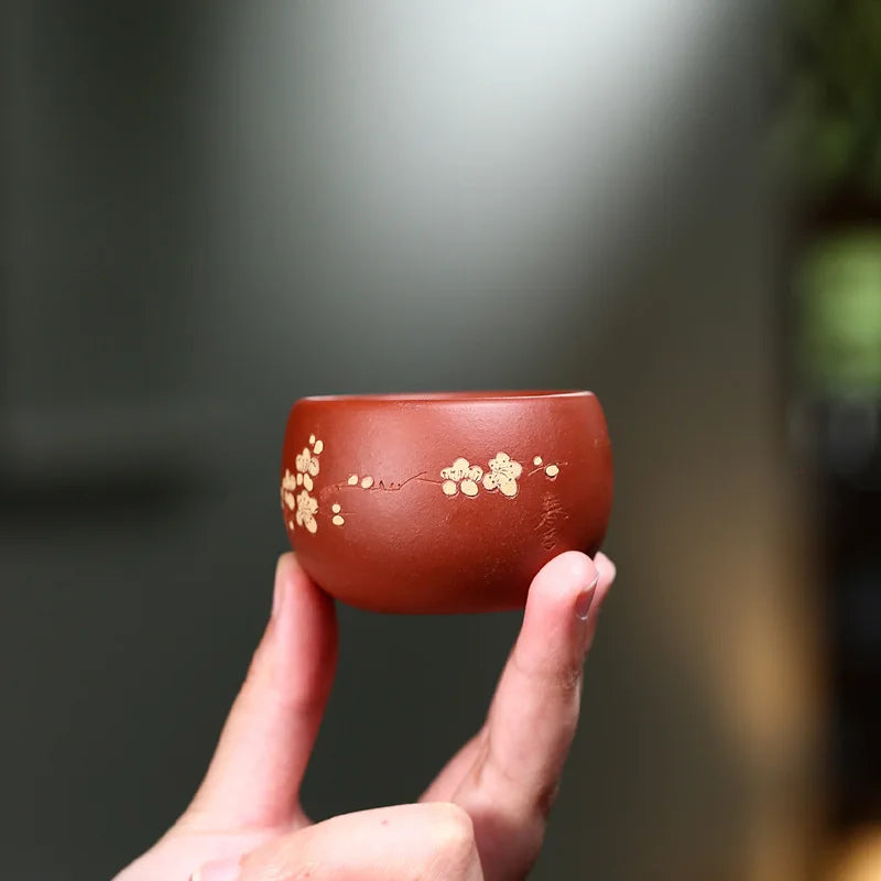 hand carved wintersweet flower tea cup original ore real yixing zisha dahongpao clay marked kungfu plum on sales 65ml one piece