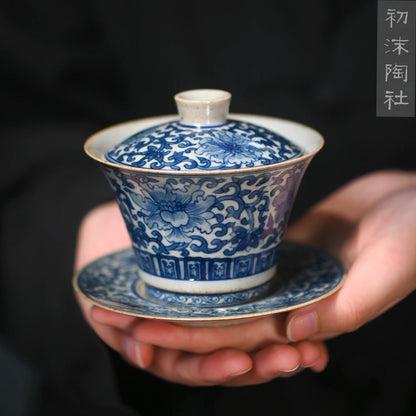 hand-painted antique blue-and-white bound branch lotus treasure phase spend three to tureen tea bowl of the bubble