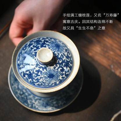hand-painted antique blue-and-white bound branch lotus treasure phase spend three to tureen tea bowl of the bubble