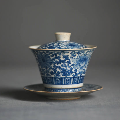 hand-painted antique blue-and-white bound branch lotus treasure phase spend three to tureen tea bowl of the bubble