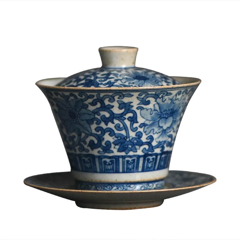 hand-painted antique blue-and-white bound branch lotus treasure phase spend three to tureen tea bowl of the bubble
