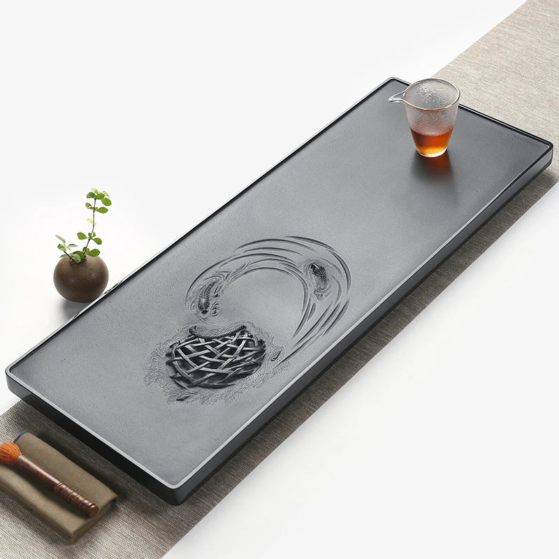 handmade carved tea tray heavy black stone lotus root fish relief pond design water draining tea boat serving tray table China