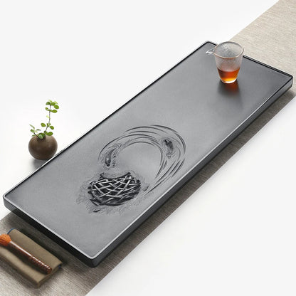 handmade carved tea tray heavy black stone lotus root fish relief pond design water draining tea boat serving tray table China