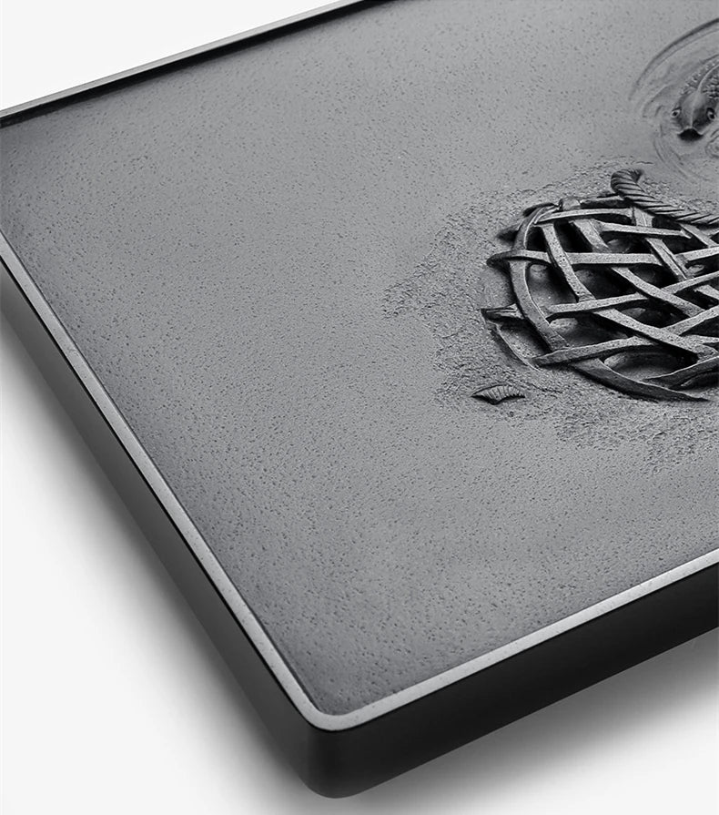 handmade carved tea tray heavy black stone lotus root fish relief pond design water draining tea boat serving tray table China
