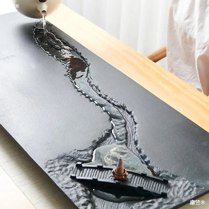 handmade carved weighted black stone tea tray engraved bridge boat serving trays for tea set table with feet water draining new