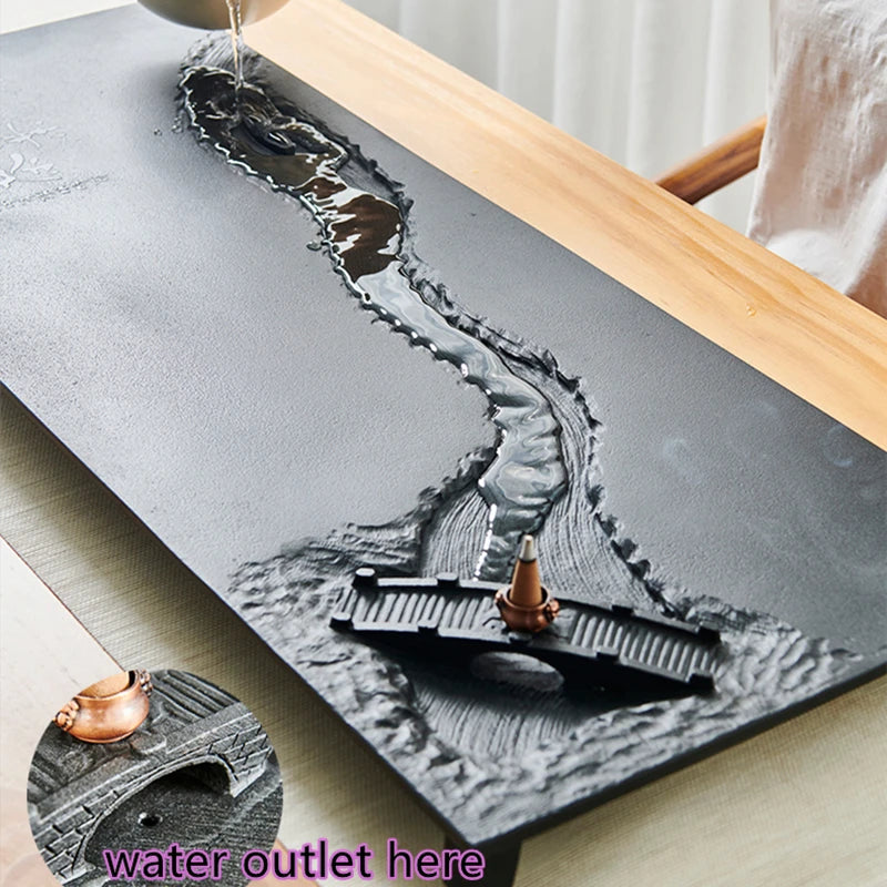 handmade carved weighted black stone tea tray engraved bridge boat serving trays for tea set table with feet water draining new