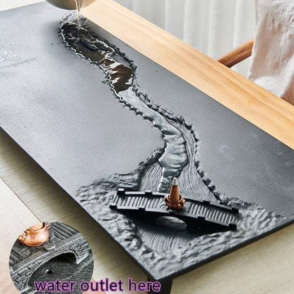 handmade carved weighted black stone tea tray engraved bridge boat serving trays for tea set table with feet water draining new