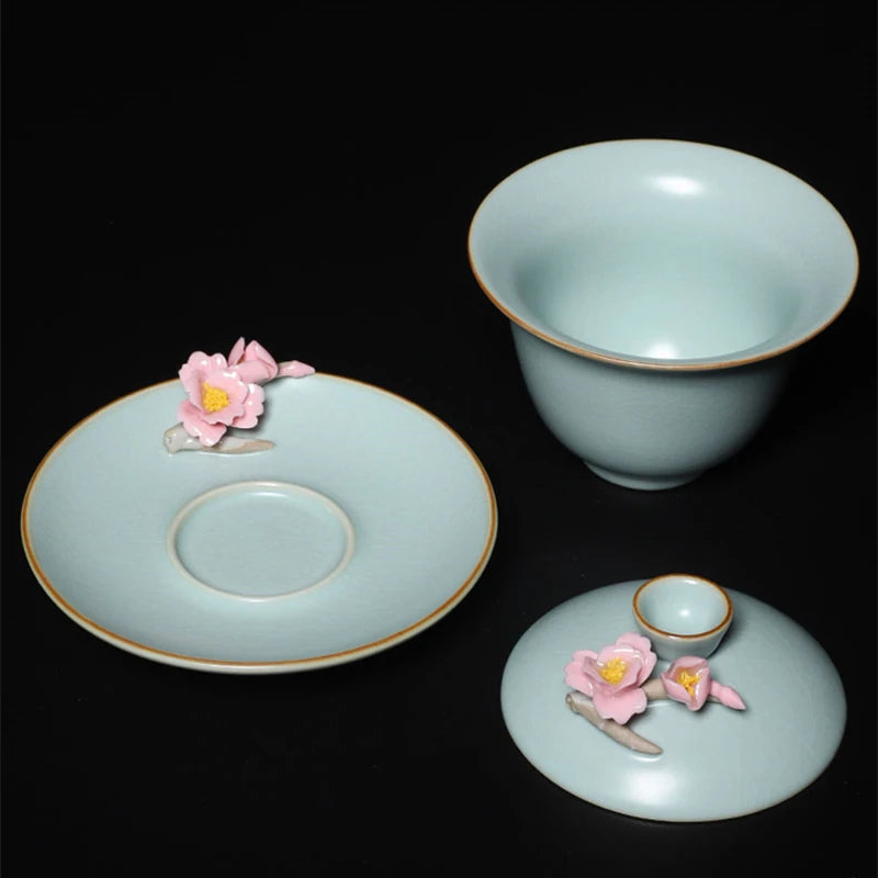 handmade floral carved relief ruyao craft crackle glaze gaiwan porcelain tureen Tianqing covered bowl cup saucer lid in China