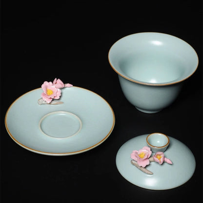 handmade floral carved relief ruyao craft crackle glaze gaiwan porcelain tureen Tianqing covered bowl cup saucer lid in China