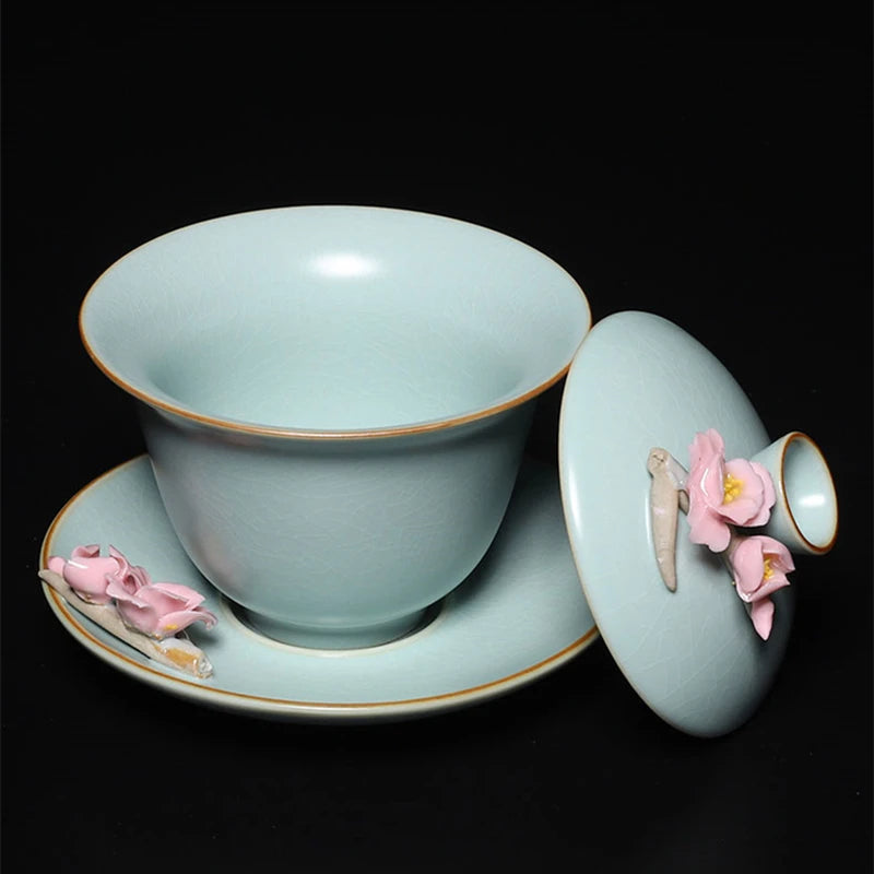handmade floral carved relief ruyao craft crackle glaze gaiwan porcelain tureen Tianqing covered bowl cup saucer lid in China