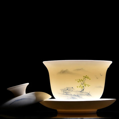 handmade gaiwan Mutton Fat Jade Porcelain tureen covered bowl handpainted floral cup saucer lid in China