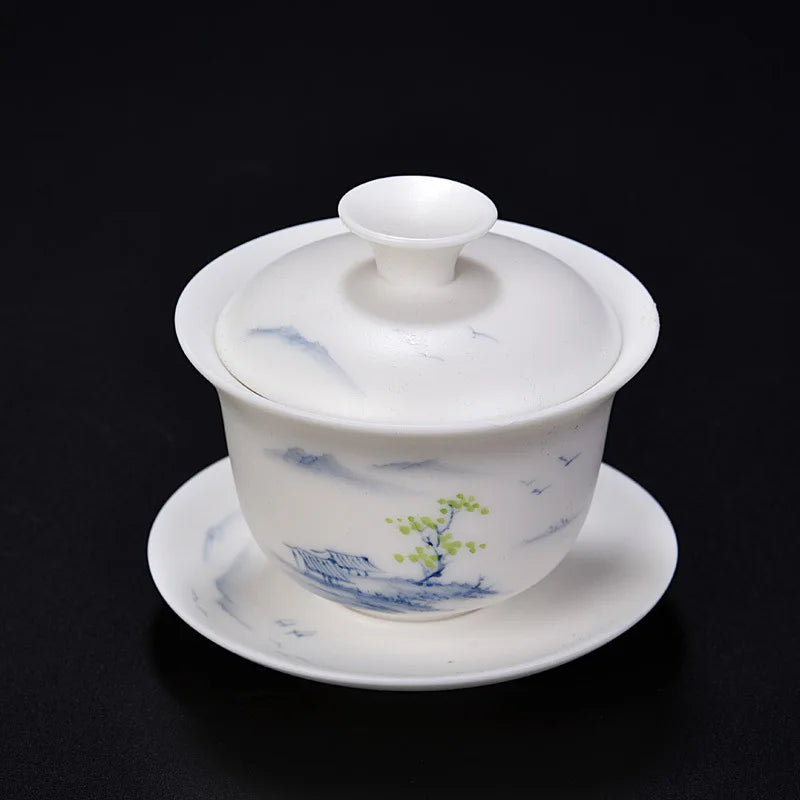 handmade gaiwan Mutton Fat Jade Porcelain tureen covered bowl handpainted floral cup saucer lid in China