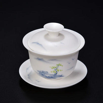 handmade gaiwan Mutton Fat Jade Porcelain tureen covered bowl handpainted floral cup saucer lid in China
