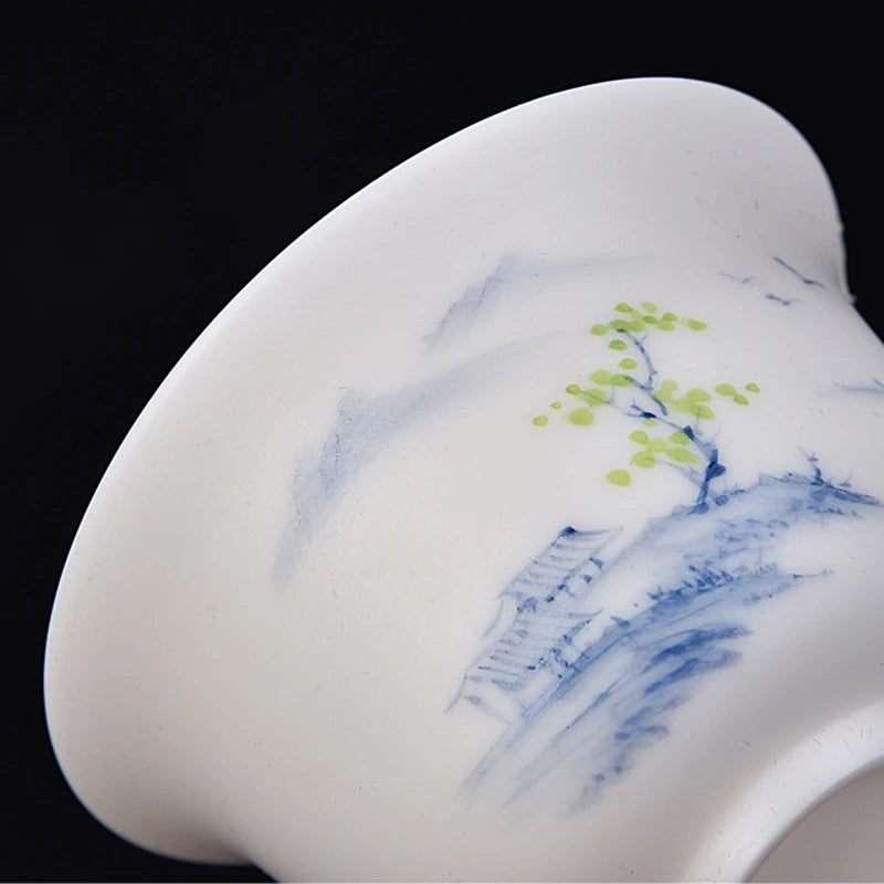 handmade gaiwan Mutton Fat Jade Porcelain tureen covered bowl handpainted floral cup saucer lid in China