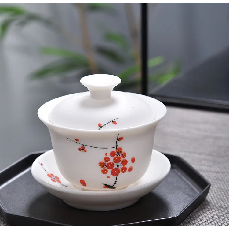 handmade gaiwan Mutton Fat Jade Porcelain tureen covered bowl handpainted floral cup saucer lid in China