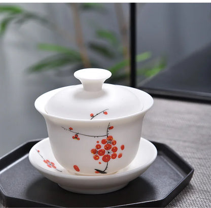 handmade gaiwan Mutton Fat Jade Porcelain tureen covered bowl handpainted floral cup saucer lid in China