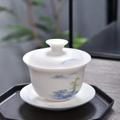 handmade gaiwan Mutton Fat Jade Porcelain tureen covered bowl handpainted floral cup saucer lid in China