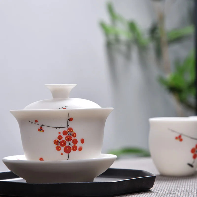 handmade gaiwan Mutton Fat Jade Porcelain tureen covered bowl handpainted floral cup saucer lid in China