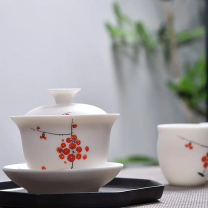 handmade gaiwan Mutton Fat Jade Porcelain tureen covered bowl handpainted floral cup saucer lid in China