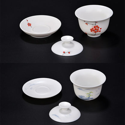 handmade gaiwan Mutton Fat Jade Porcelain tureen covered bowl handpainted floral cup saucer lid in China