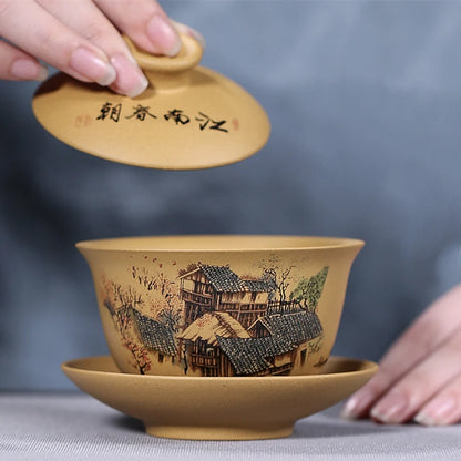 handmade gaiwan original ore real yixing zisha duan clay tureen covered bowl with cup saucer lid mountain river design coaster