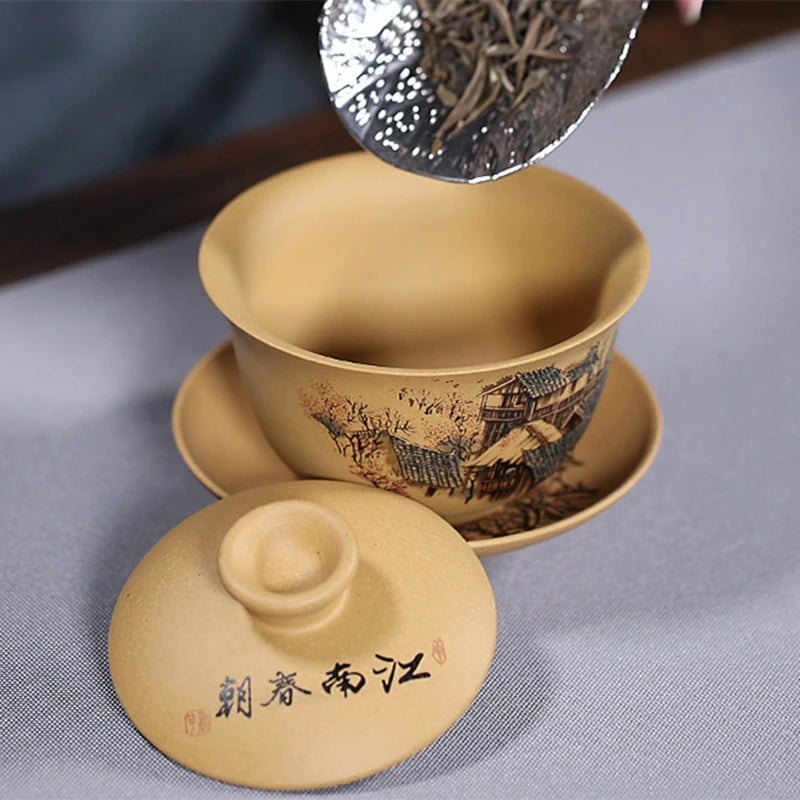 handmade gaiwan original ore real yixing zisha duan clay tureen covered bowl with cup saucer lid mountain river design coaster