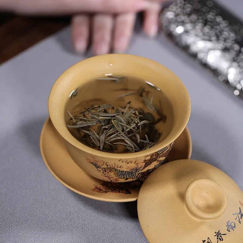handmade gaiwan original ore real yixing zisha duan clay tureen covered bowl with cup saucer lid mountain river design coaster