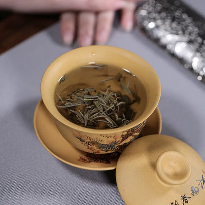 handmade gaiwan original ore real yixing zisha duan clay tureen covered bowl with cup saucer lid mountain river design coaster