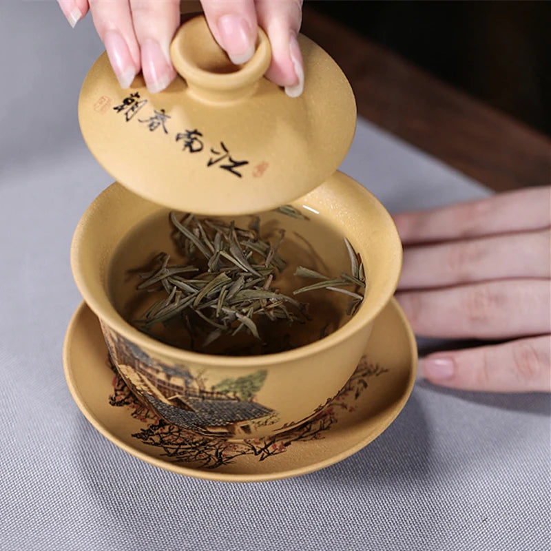 handmade gaiwan original ore real yixing zisha duan clay tureen covered bowl with cup saucer lid mountain river design coaster