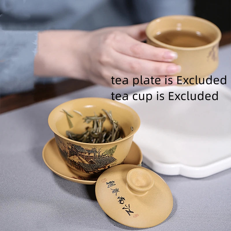 handmade gaiwan original ore real yixing zisha duan clay tureen covered bowl with cup saucer lid mountain river design coaster
