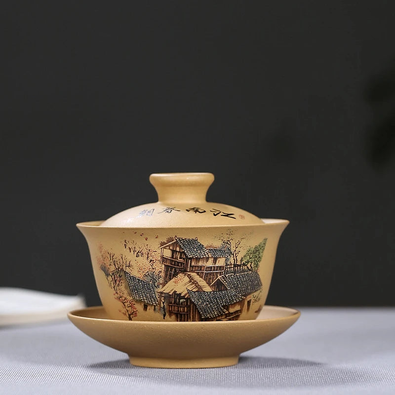 handmade gaiwan original ore real yixing zisha duan clay tureen covered bowl with cup saucer lid mountain river design coaster