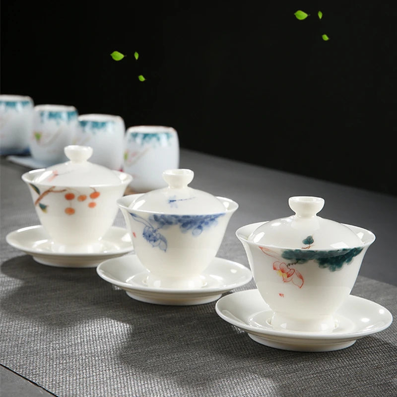 handmade gaiwan porcelain Sancai bowl with cup saucer lid handpainted under glaze mutton fat jade china tureen covered in China