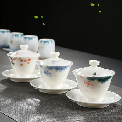 handmade gaiwan porcelain Sancai bowl with cup saucer lid handpainted under glaze mutton fat jade china tureen covered in China