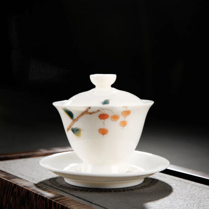 handmade gaiwan porcelain Sancai bowl with cup saucer lid handpainted under glaze mutton fat jade china tureen covered in China