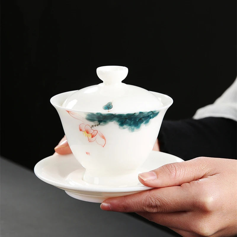 handmade gaiwan porcelain Sancai bowl with cup saucer lid handpainted under glaze mutton fat jade china tureen covered in China