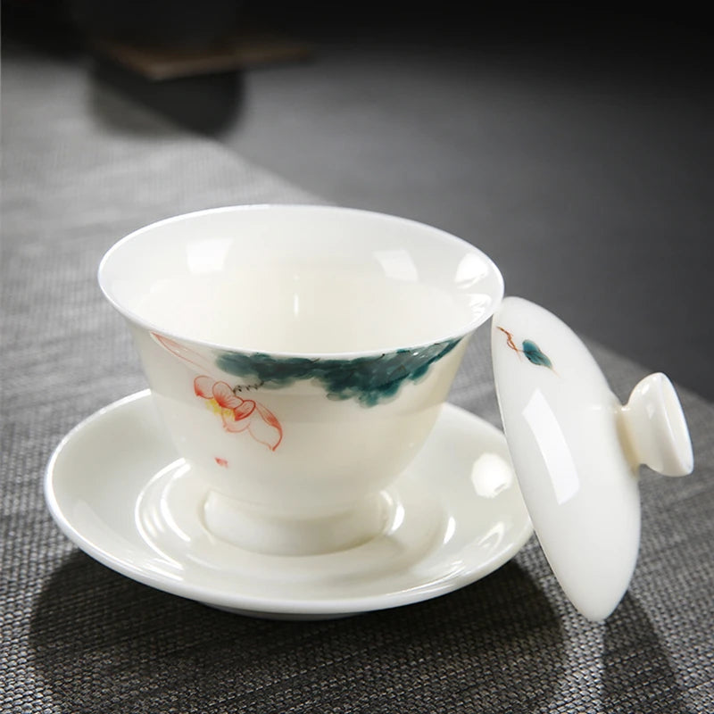 handmade gaiwan porcelain Sancai bowl with cup saucer lid handpainted under glaze mutton fat jade china tureen covered in China