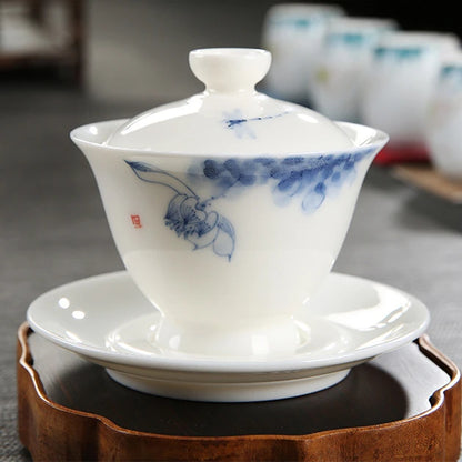 handmade gaiwan porcelain Sancai bowl with cup saucer lid handpainted under glaze mutton fat jade china tureen covered in China
