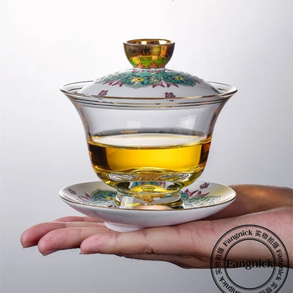 handmade gaiwan porcelain lid cup saucer glass covered bowl handpainted gold plated creative tureen 150ml in China on sales new