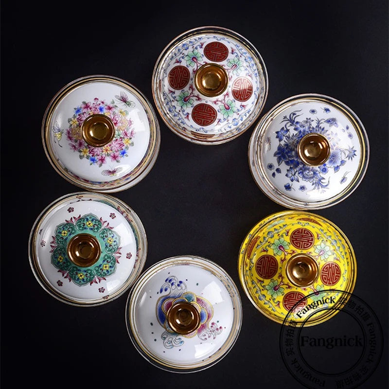 handmade gaiwan porcelain lid cup saucer glass covered bowl handpainted gold plated creative tureen 150ml in China on sales new