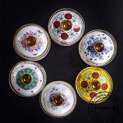 handmade gaiwan porcelain lid cup saucer glass covered bowl handpainted gold plated creative tureen 150ml in China on sales new