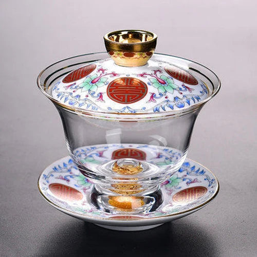 handmade gaiwan porcelain lid cup saucer glass covered bowl handpainted gold plated creative tureen 150ml in China on sales new