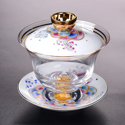 handmade gaiwan porcelain lid cup saucer glass covered bowl handpainted gold plated creative tureen 150ml in China on sales new