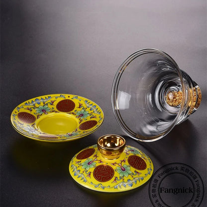 handmade gaiwan porcelain lid cup saucer glass covered bowl handpainted gold plated creative tureen 150ml in China on sales new