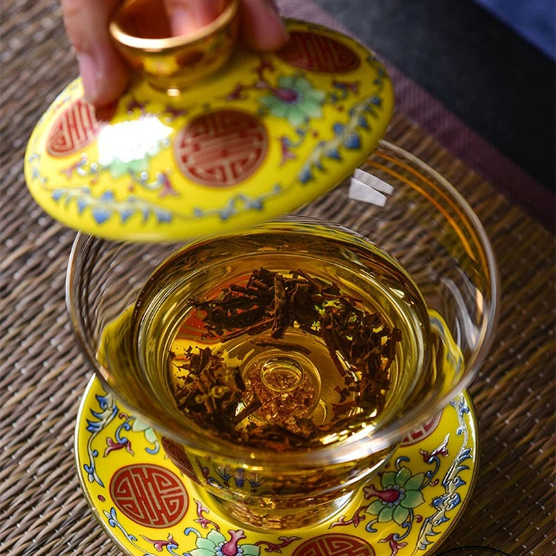 handmade gaiwan porcelain lid cup saucer glass covered bowl handpainted gold plated creative tureen 150ml in China on sales new