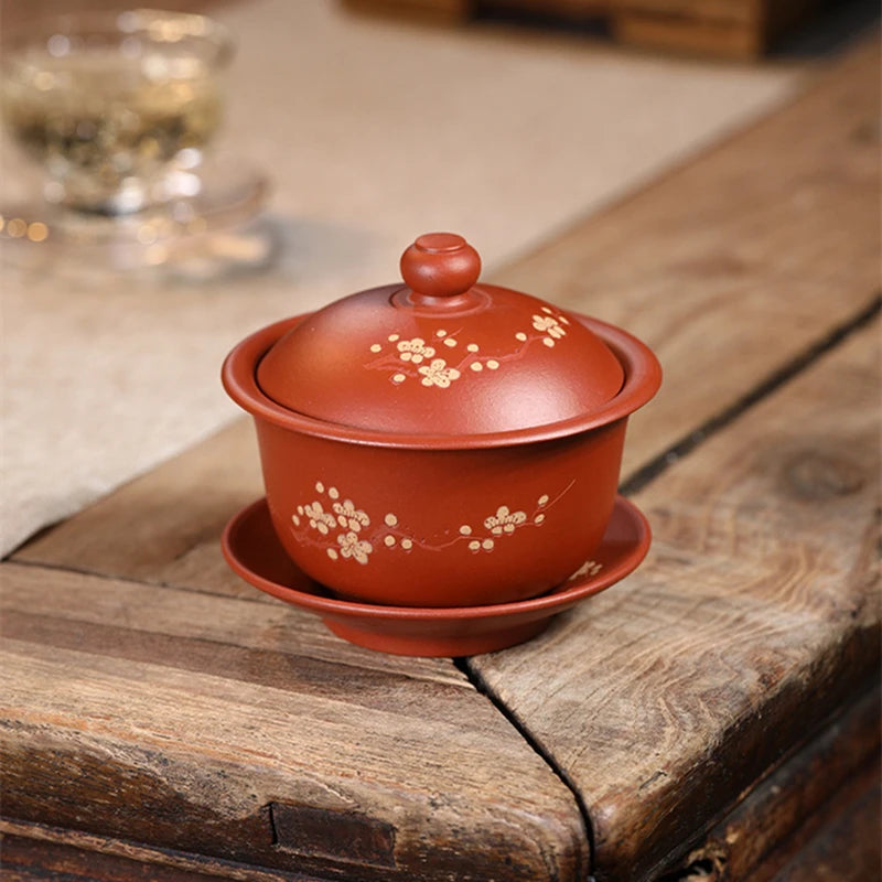 handmade gaiwan real yixing zisha dahongpao clay floral carved cup bowl with saucer covered bowl with lid purple grit tureen new