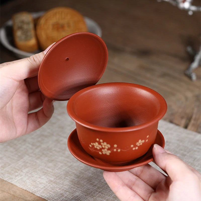handmade gaiwan real yixing zisha dahongpao clay floral carved cup bowl with saucer covered bowl with lid purple grit tureen new
