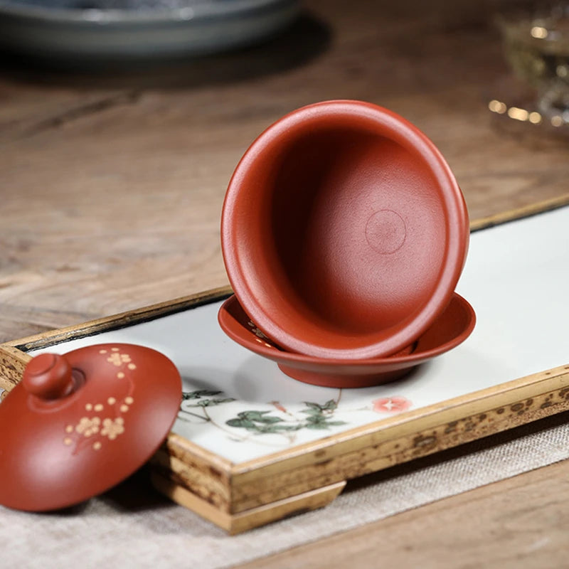 handmade gaiwan real yixing zisha dahongpao clay floral carved cup bowl with saucer covered bowl with lid purple grit tureen new
