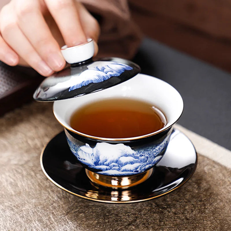 handmade gaiwan under glaze porcelain tureen handpainted mountain river creative artwork covered bowl with lid cup saucer 150ml