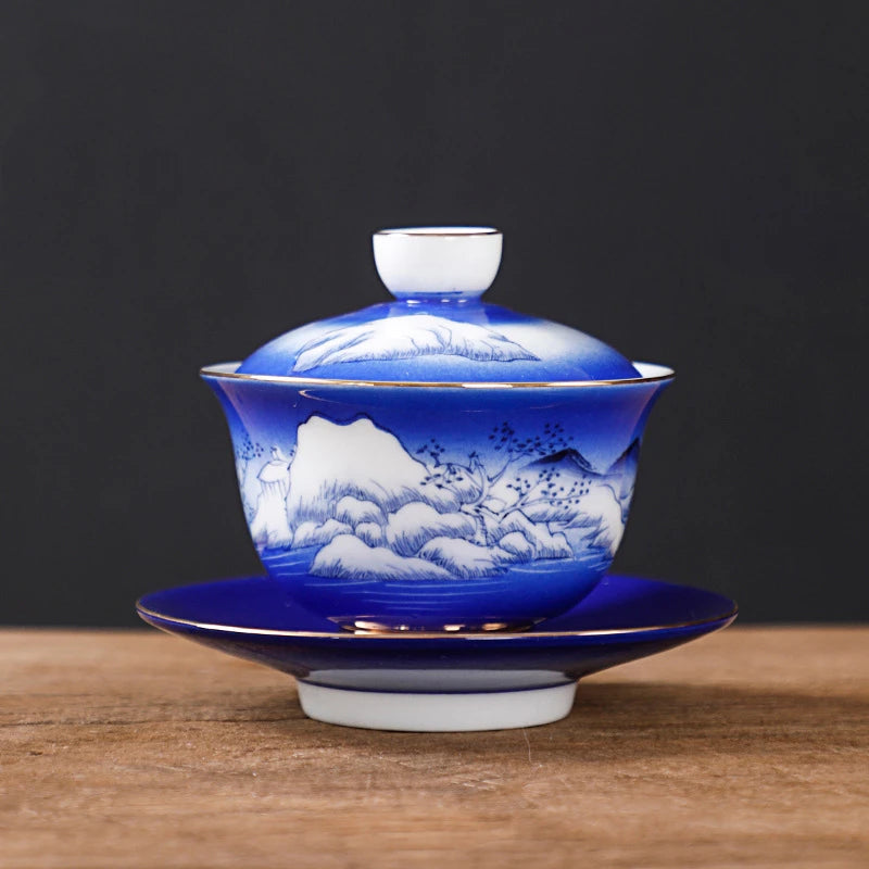 handmade gaiwan under glaze porcelain tureen handpainted mountain river creative artwork covered bowl with lid cup saucer 150ml