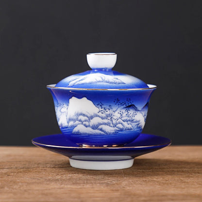 handmade gaiwan under glaze porcelain tureen handpainted mountain river creative artwork covered bowl with lid cup saucer 150ml